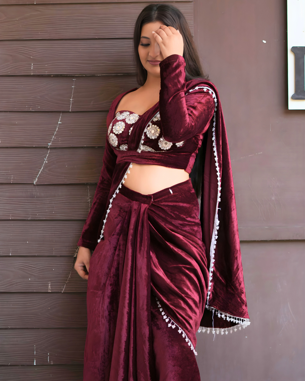 Wine Velvet Embellished Drape Saree