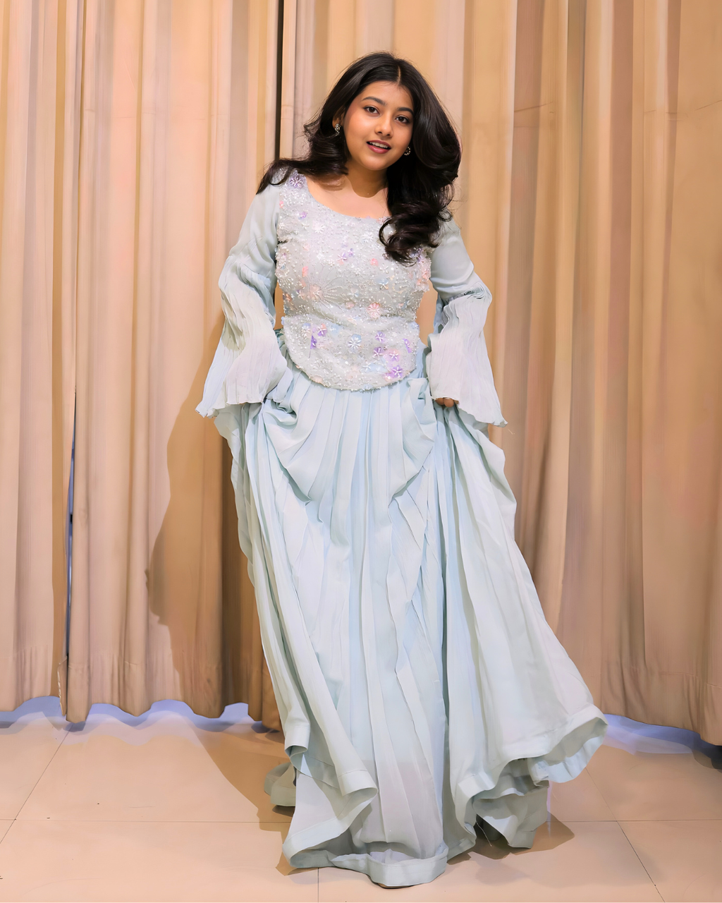 Powder Blue Beaded Chinon Lehenga Set