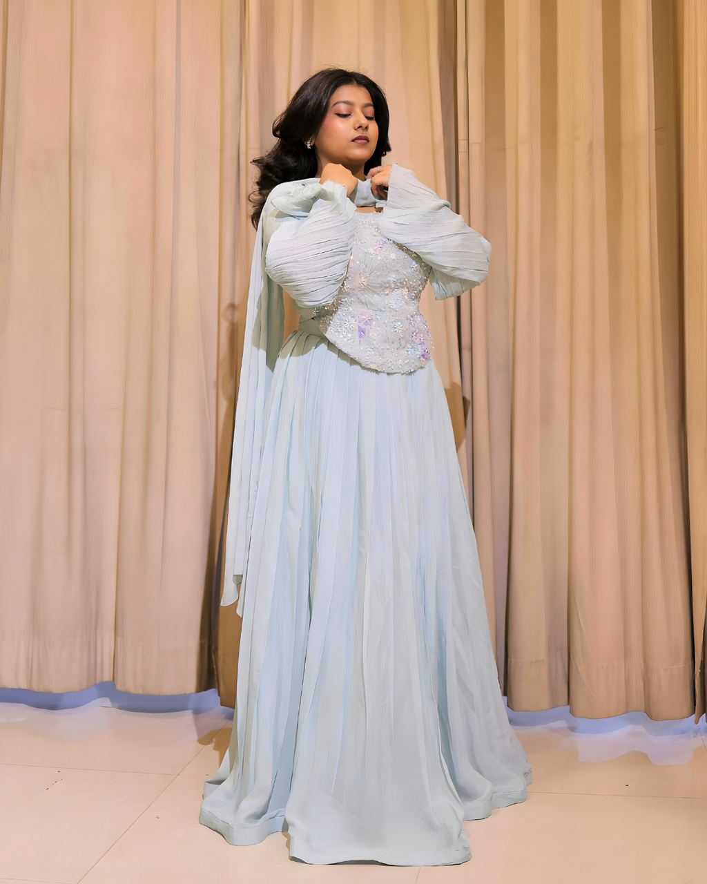 Powder Blue Beaded Chinon Lehenga Set
