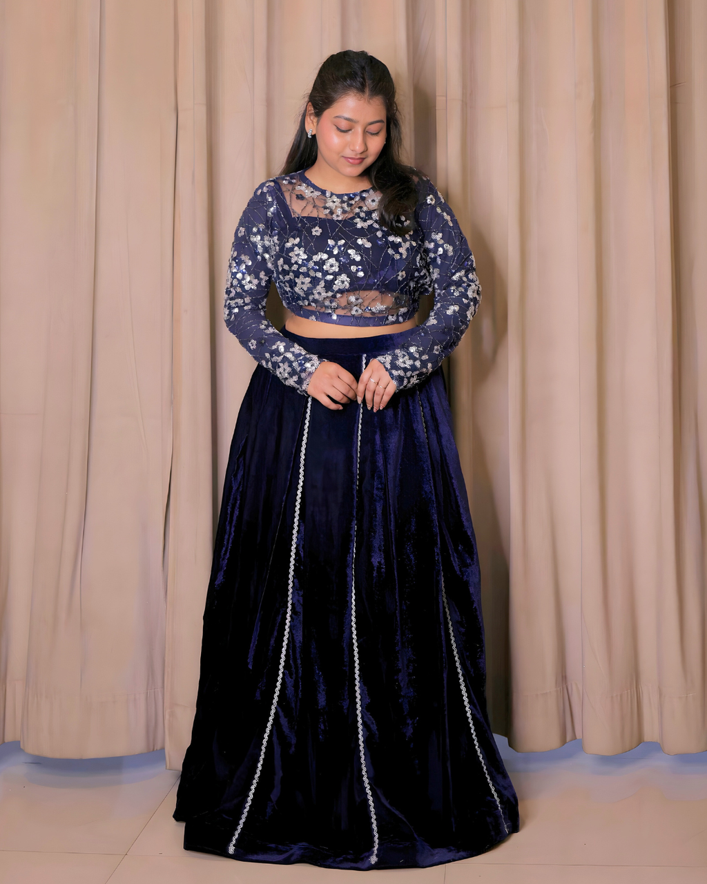 Royal Blue Velvet Embroidered Lehenga Set
