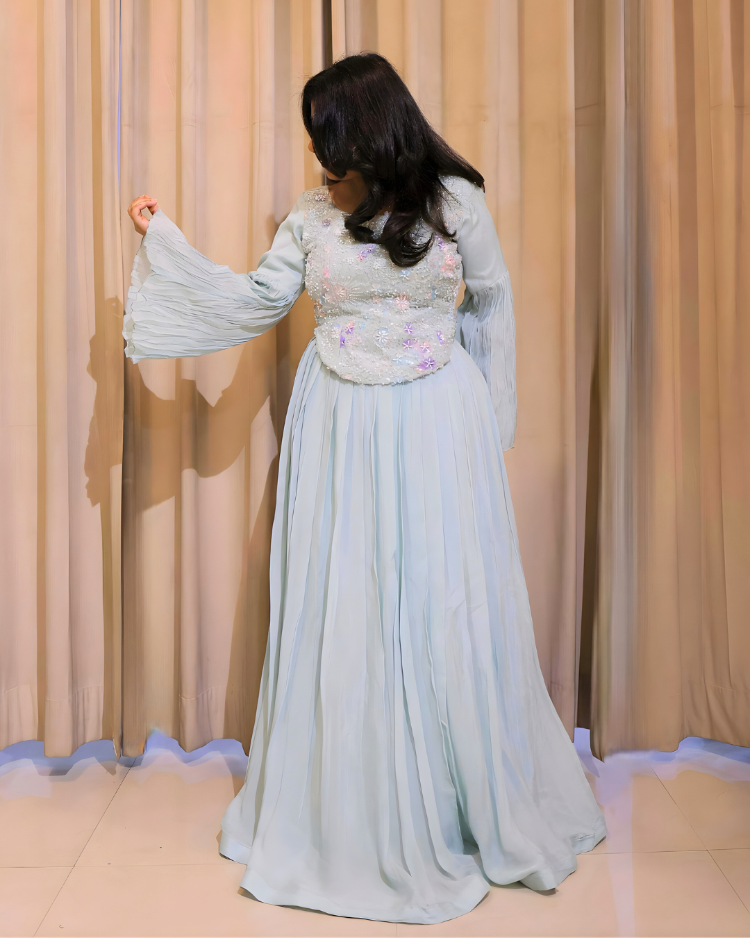 Powder Blue Beaded Chinon Lehenga Set