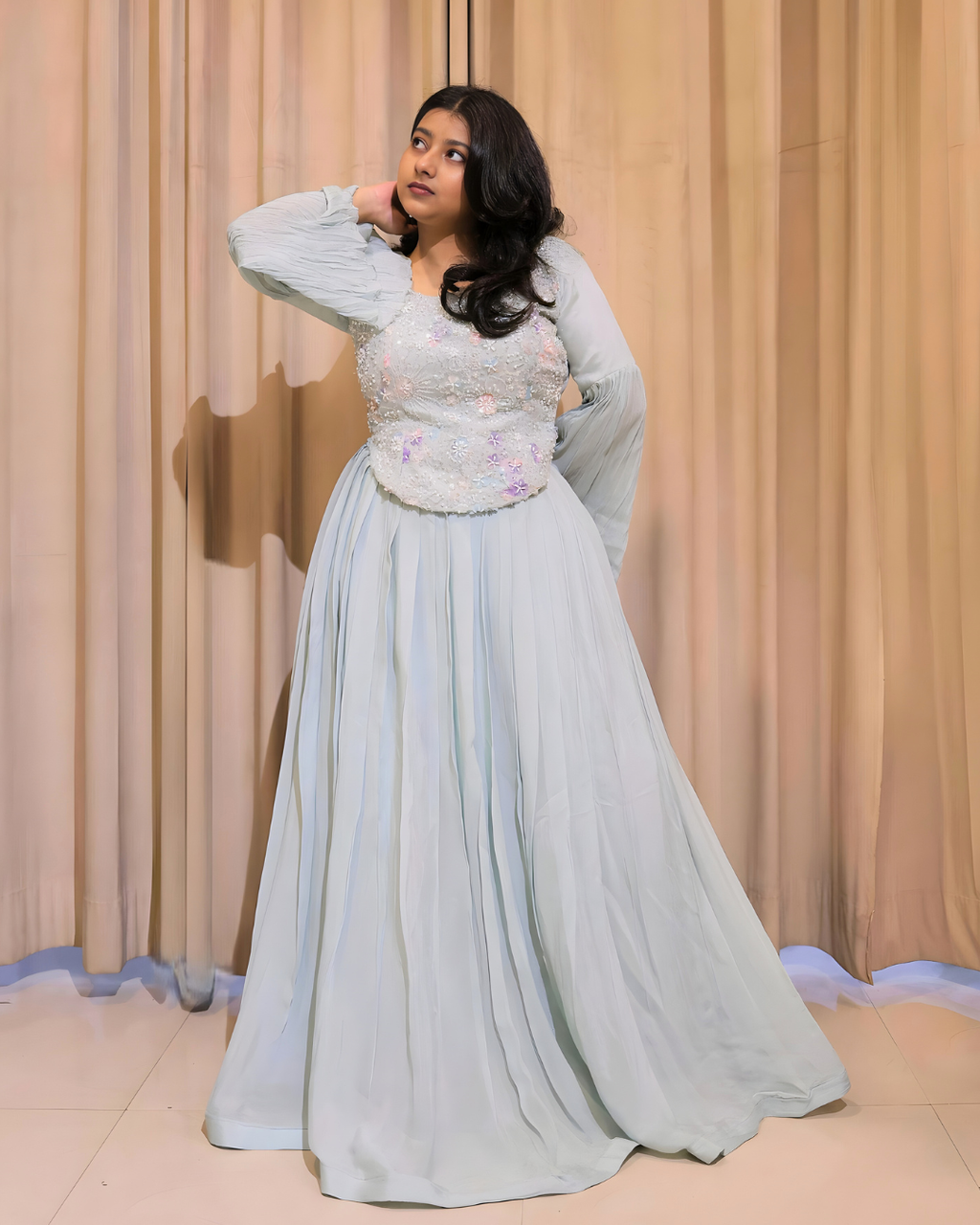 Powder Blue Beaded Chinon Lehenga Set