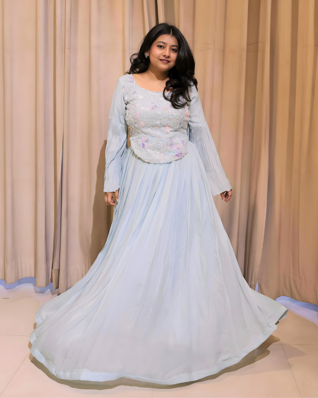 Powder Blue Beaded Chinon Lehenga Set