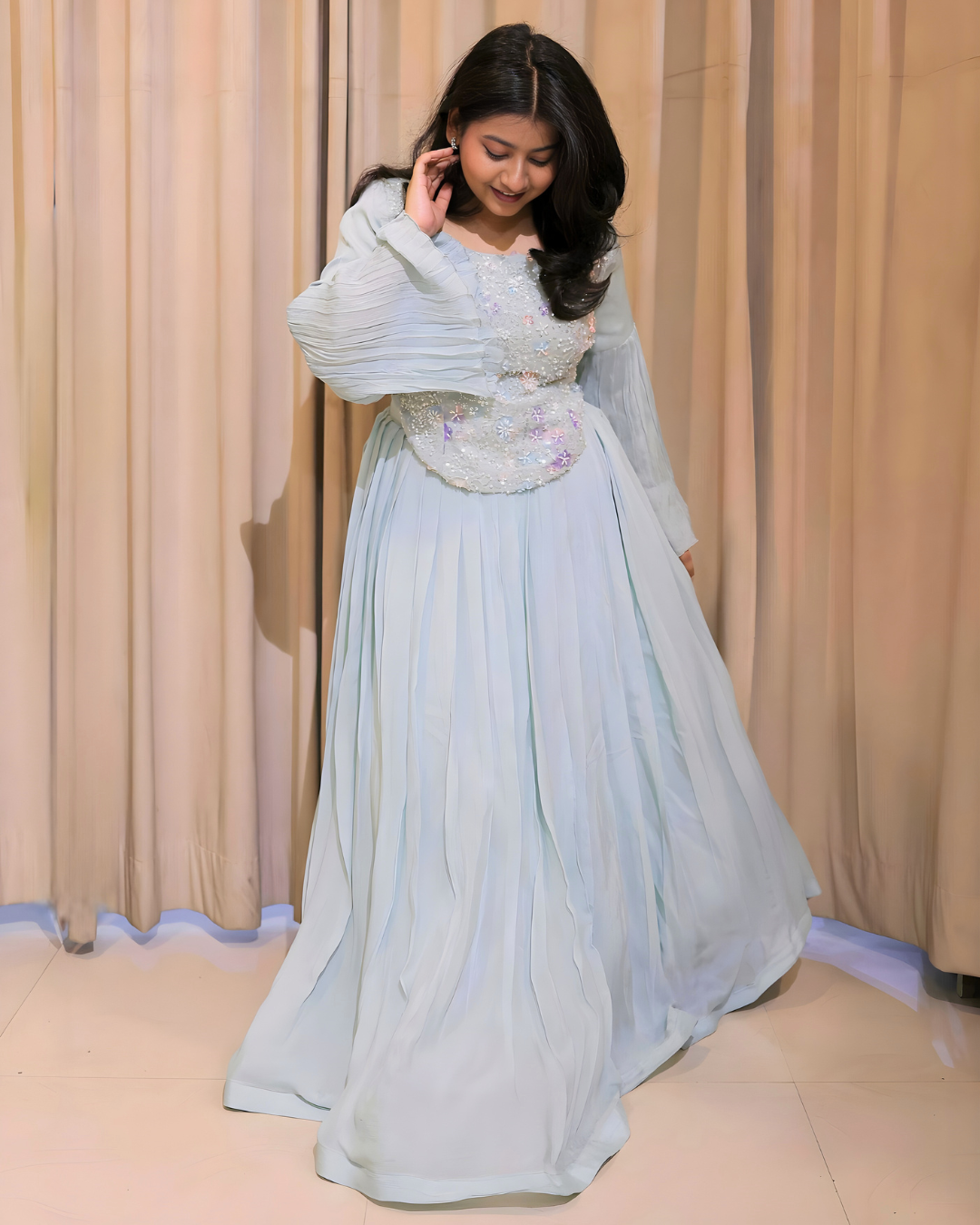 Powder Blue Beaded Chinon Lehenga Set