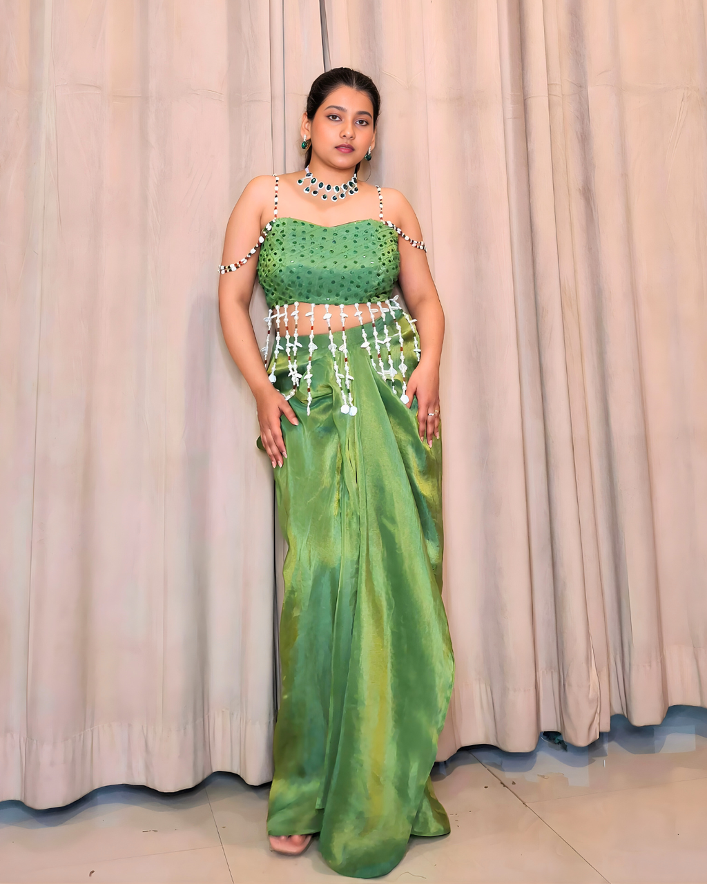 Parrot Green Tissue Silk Drape Set