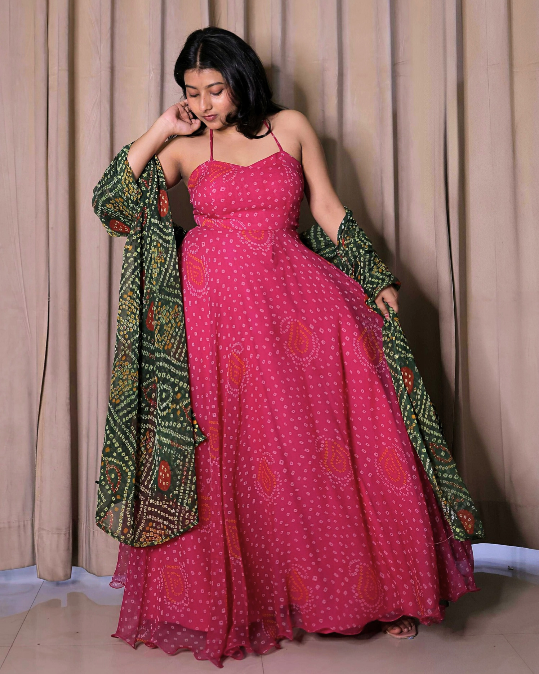 Bandhej Print Chiffon Long Suit Set
