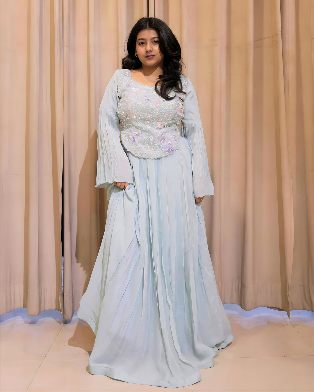 Powder Blue Beaded Chinon Lehenga Set