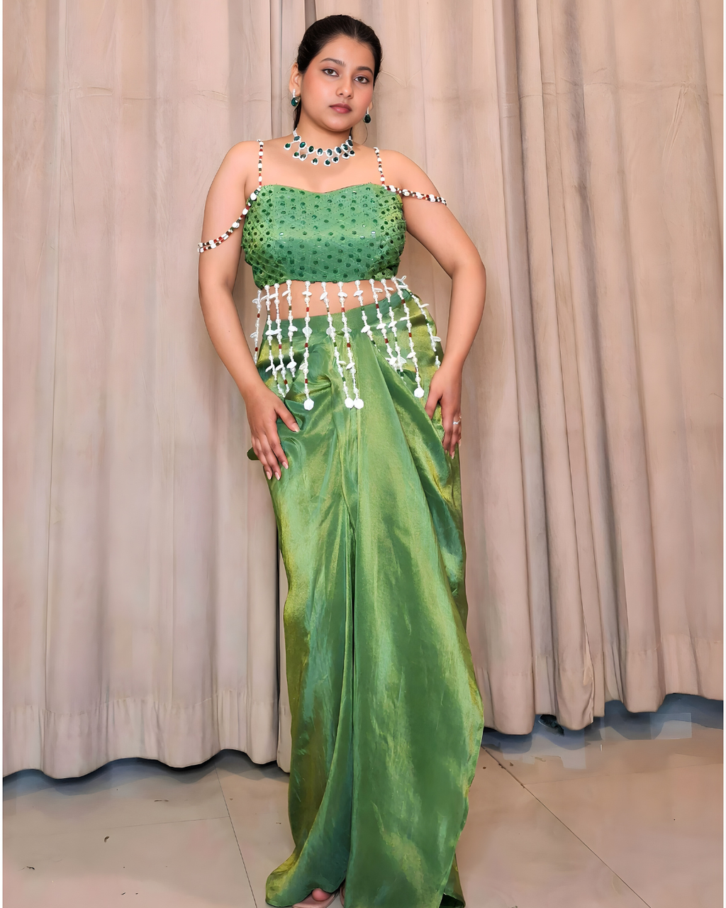 Parrot Green Tissue Silk Drape Set