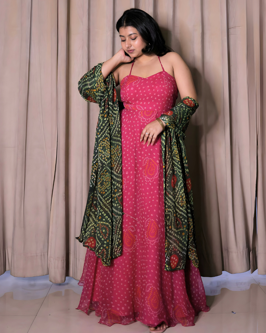 Bandhej Print Chiffon Long Suit Set