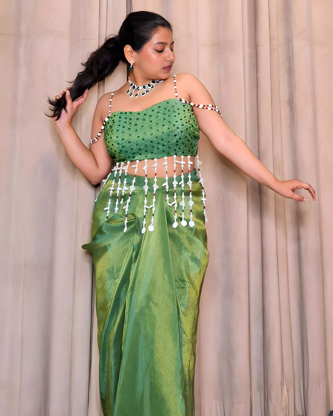 Parrot Green Tissue Silk Drape Set