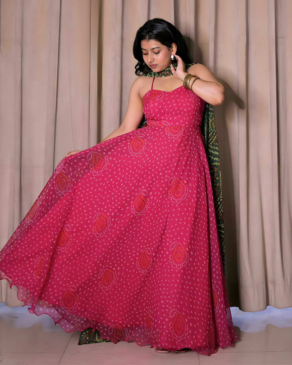 Bandhej Print Chiffon Long Suit Set
