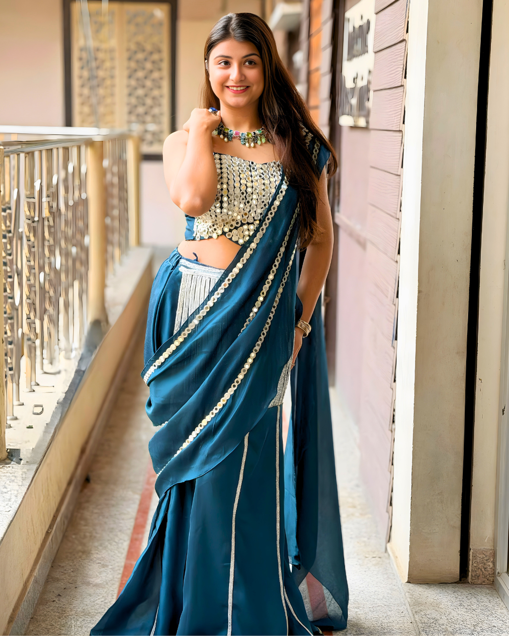 Teal Blue Pre-Draped Lehenga Set