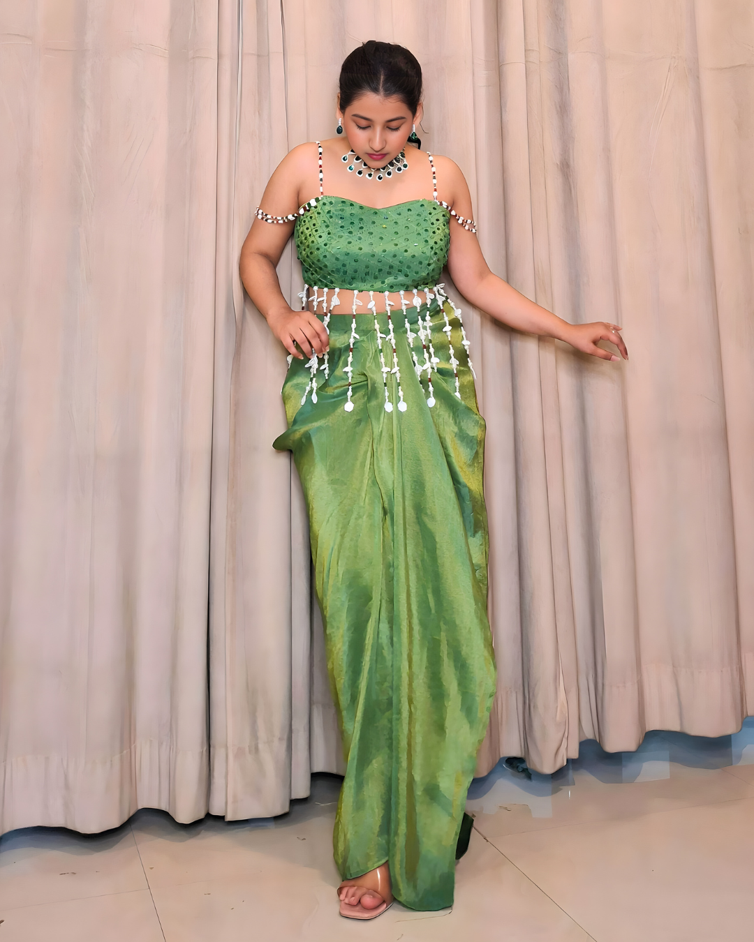 Parrot Green Tissue Silk Drape Set
