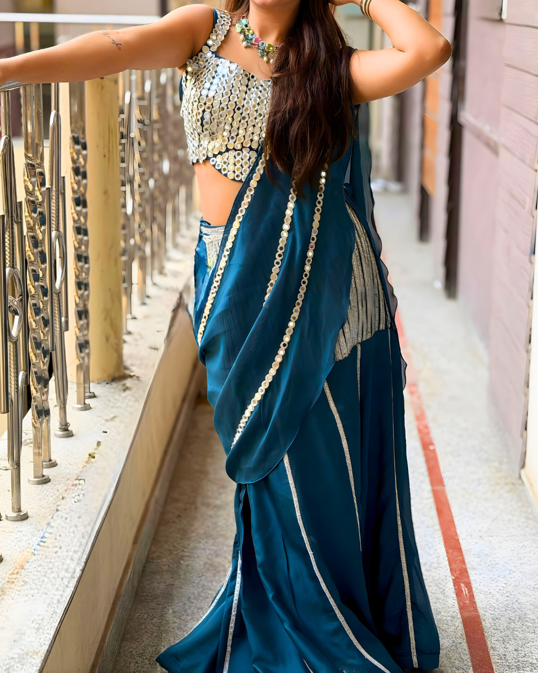 Teal Blue Pre-Draped Lehenga Set
