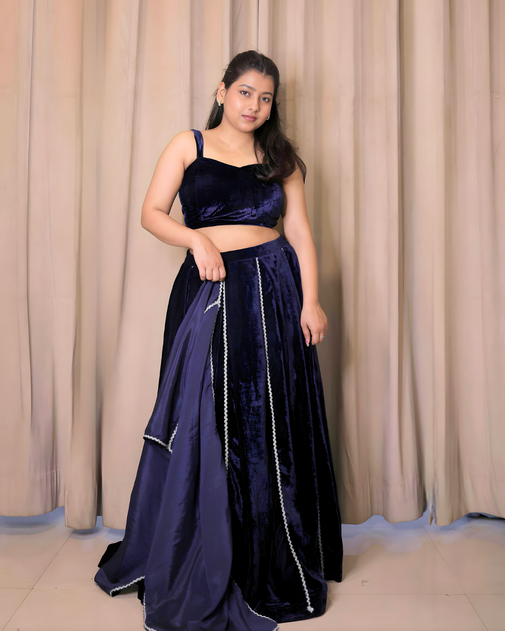 Royal Blue Velvet Embroidered Lehenga Set