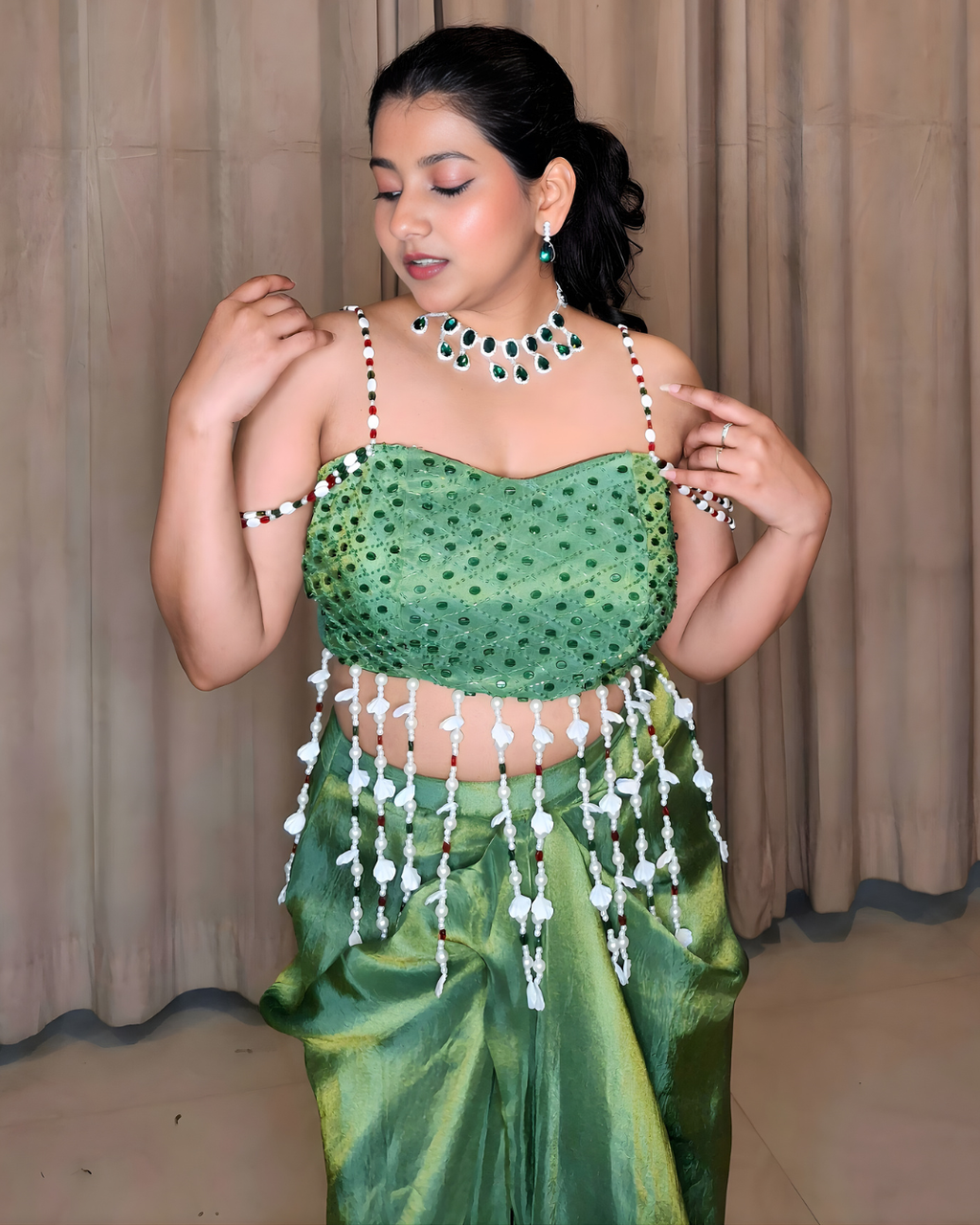 Parrot Green Tissue Silk Drape Set