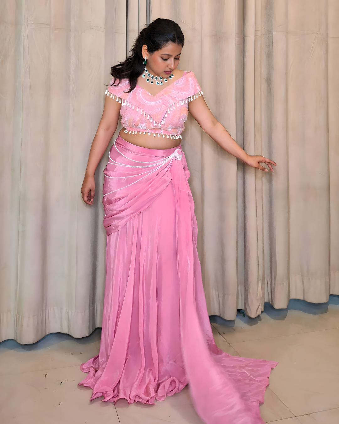 Blush Pink Off-Shoulder Drape Set