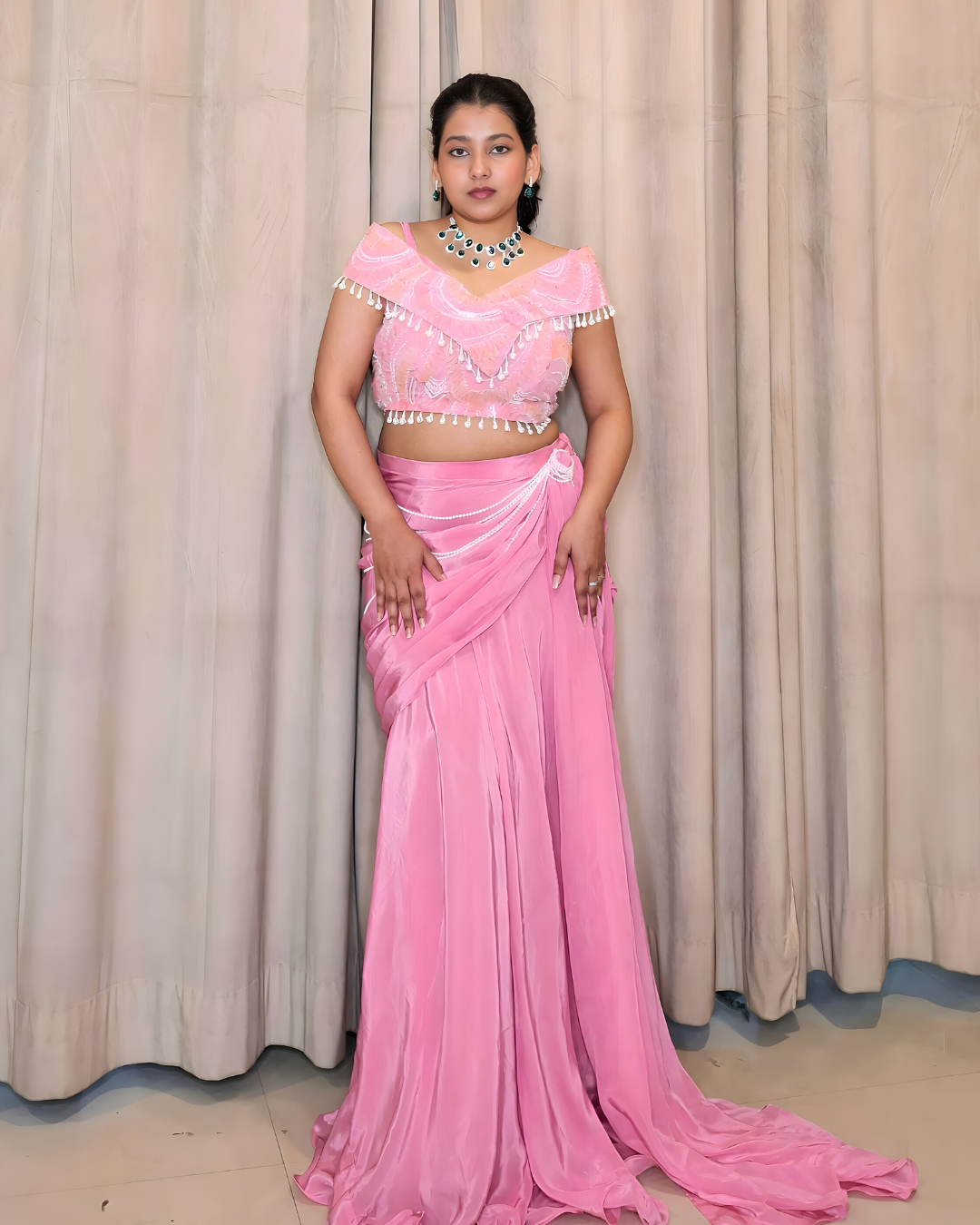 Blush Pink Off-Shoulder Drape Set