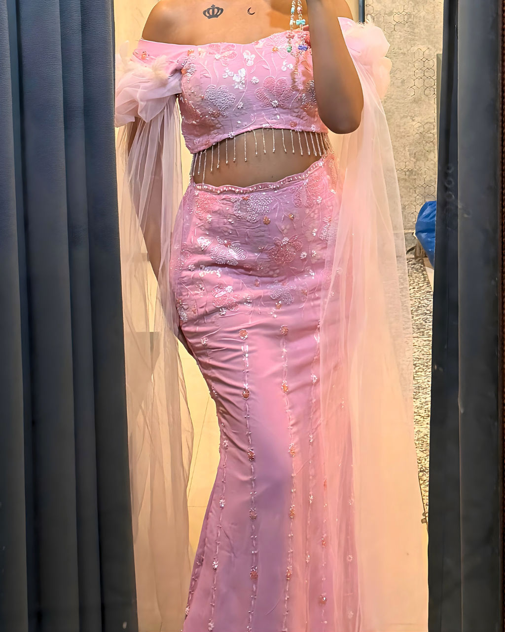 Barbie Pink Off-Shoulder Sequin Lehenga Set