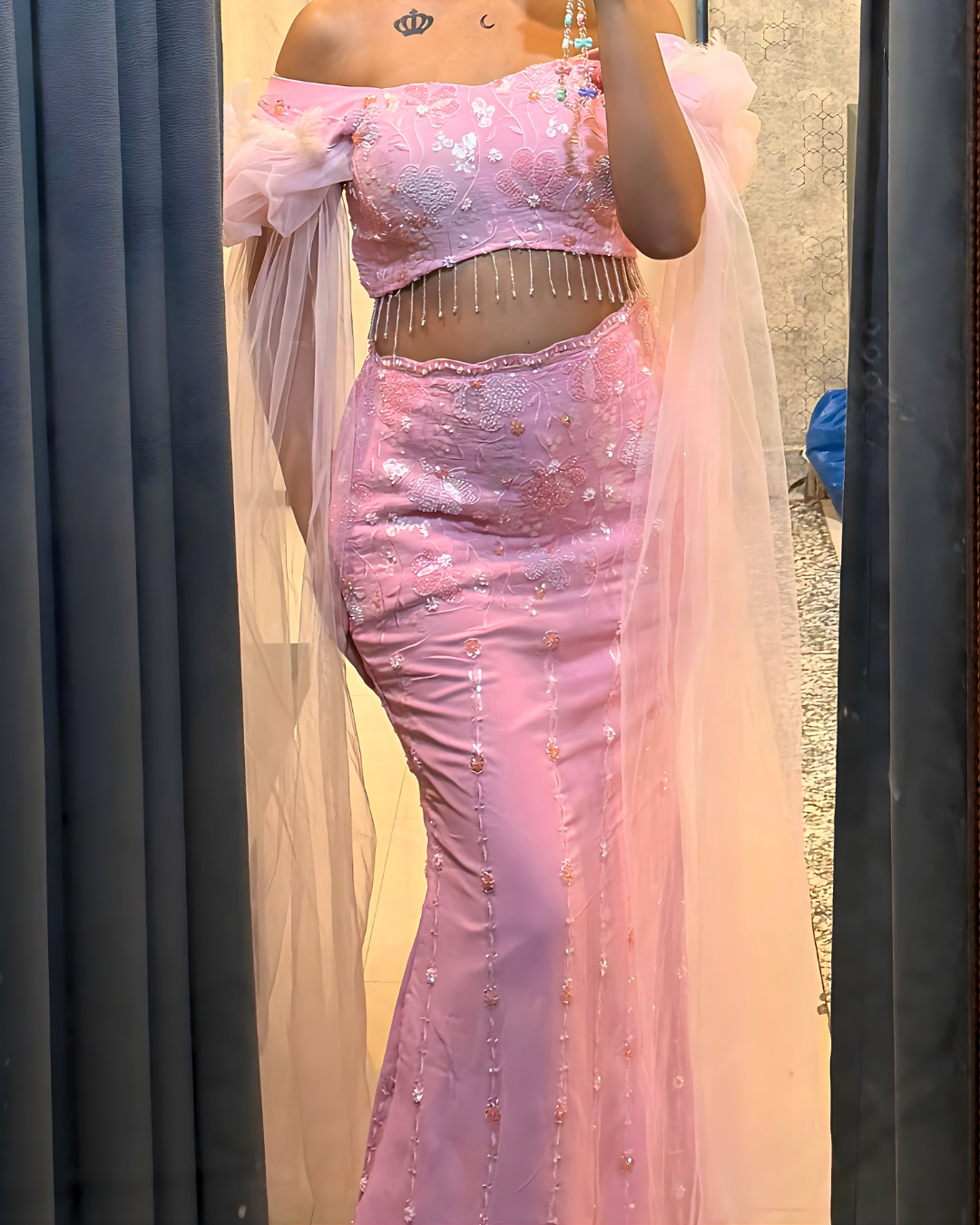 Barbie Pink Off-Shoulder Sequin Lehenga Set