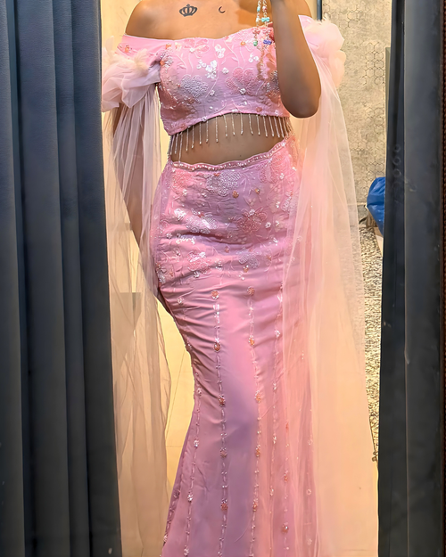Barbie Pink Off-Shoulder Sequin Lehenga Set