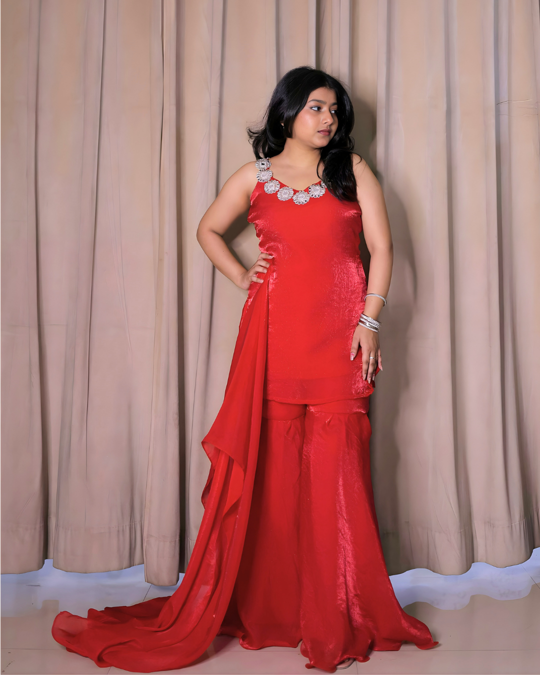 Cherry Red Mirror Lace Sharara Set