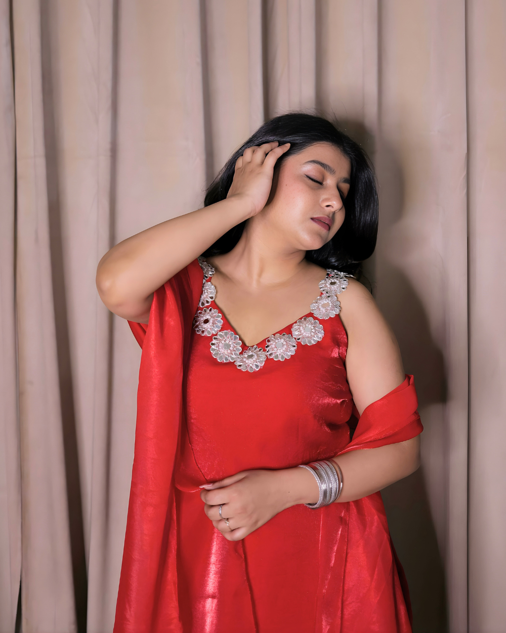 Cherry Red Mirror Lace Sharara Set