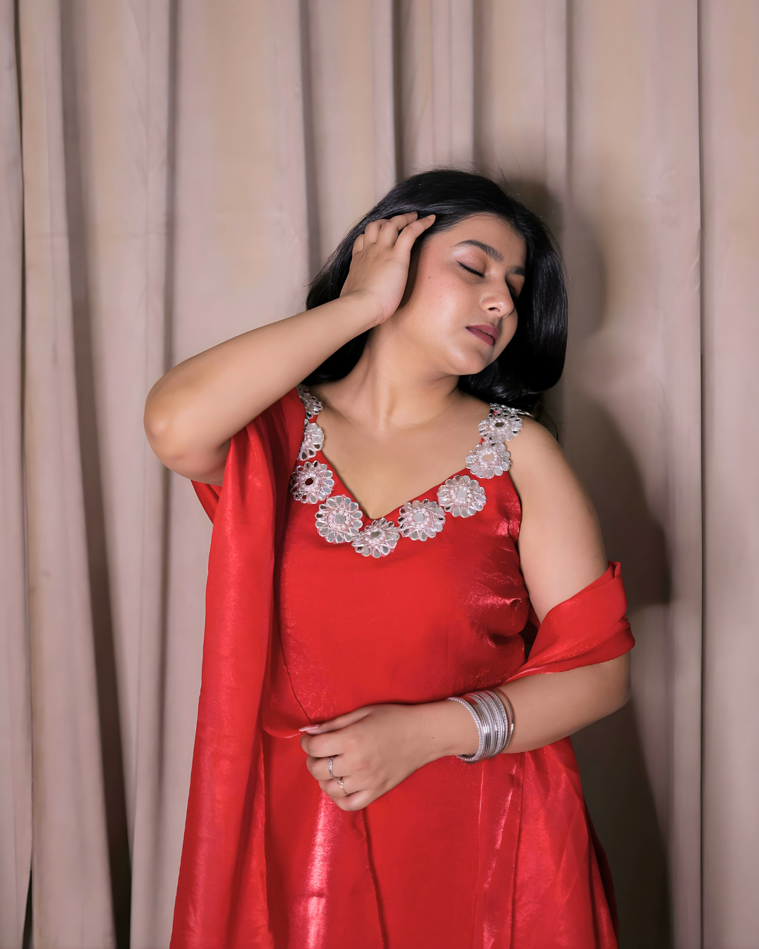 Cherry Red Mirror Lace Sharara Set