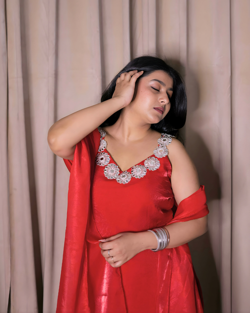 Cherry Red Mirror Lace Sharara Set