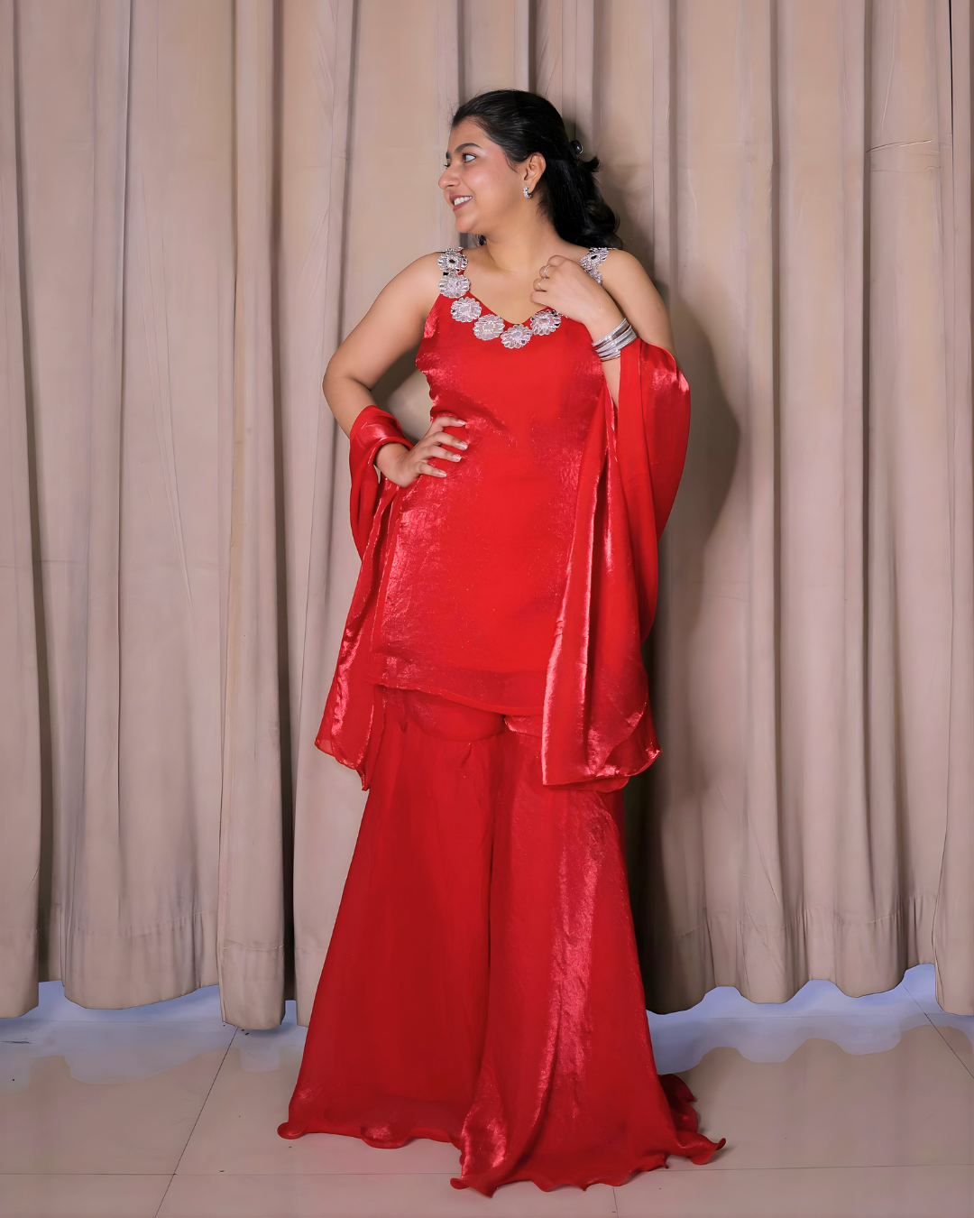 Cherry Red Mirror Lace Sharara Set