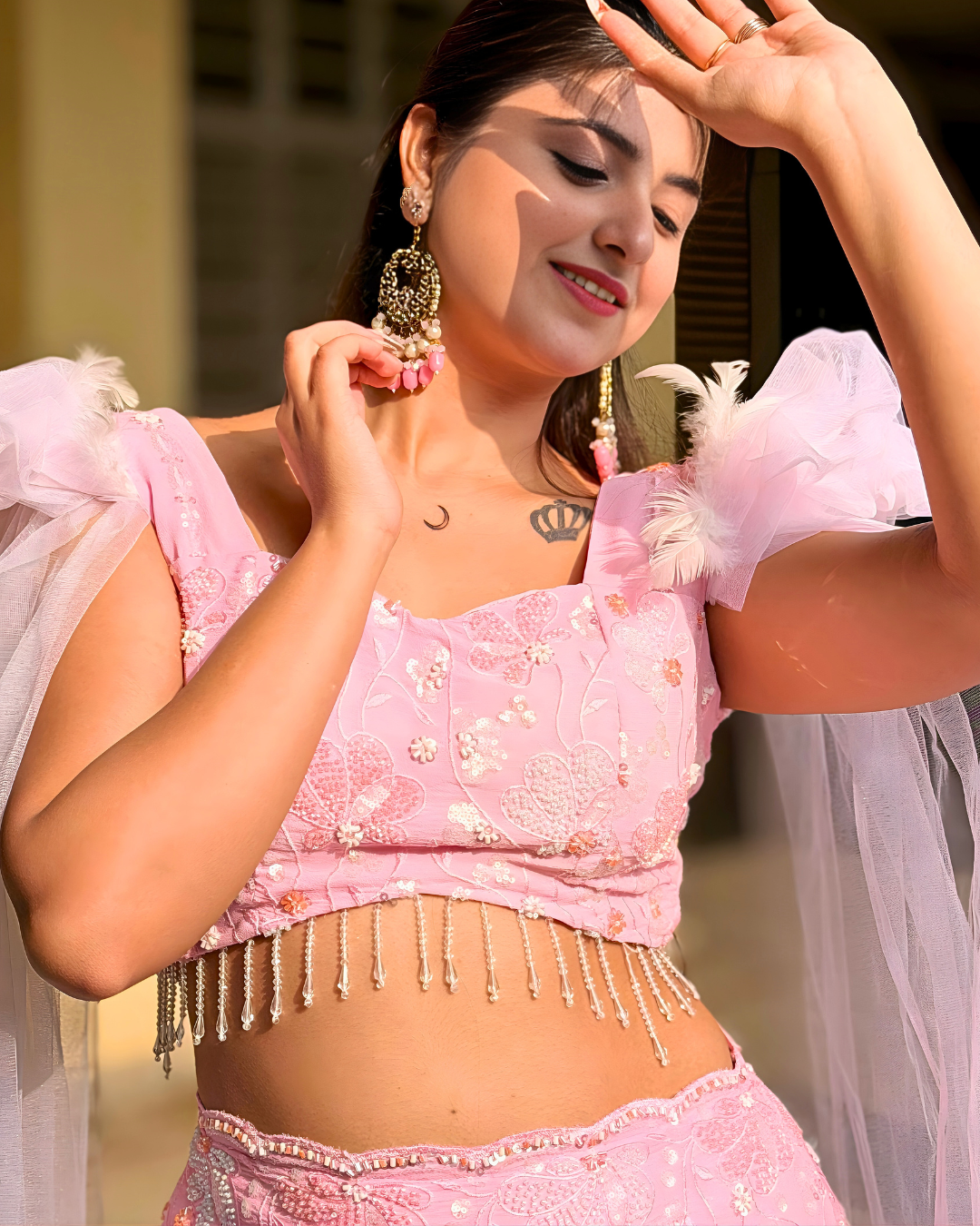 Barbie Pink Off-Shoulder Sequin Lehenga Set