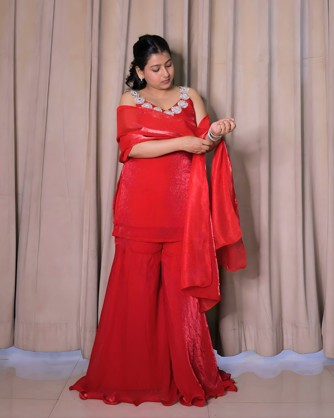 Cherry Red Mirror Lace Sharara Set