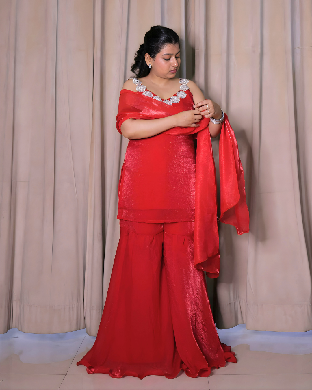 Cherry Red Mirror Lace Sharara Set