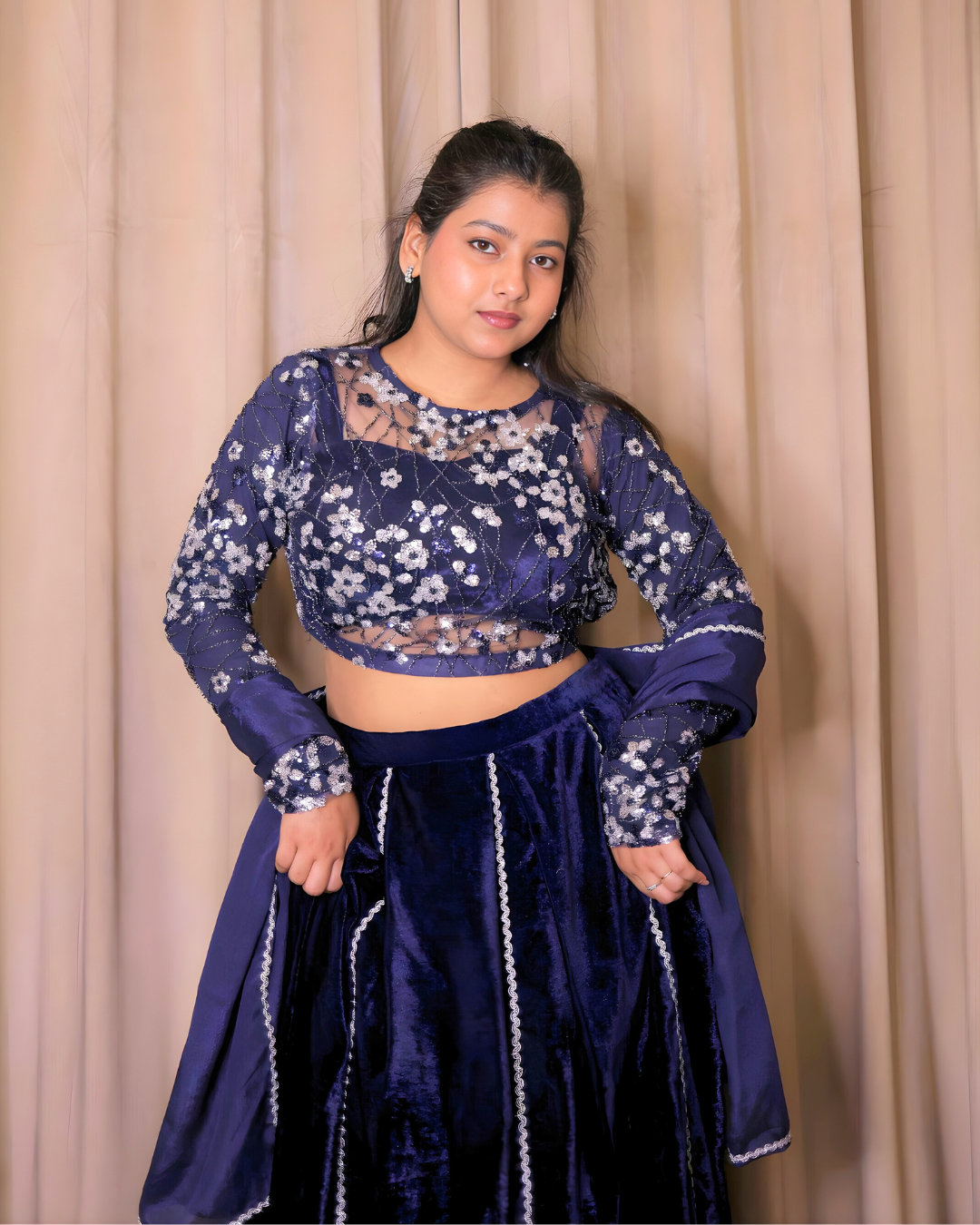 Royal Blue Velvet Embroidered Lehenga Set