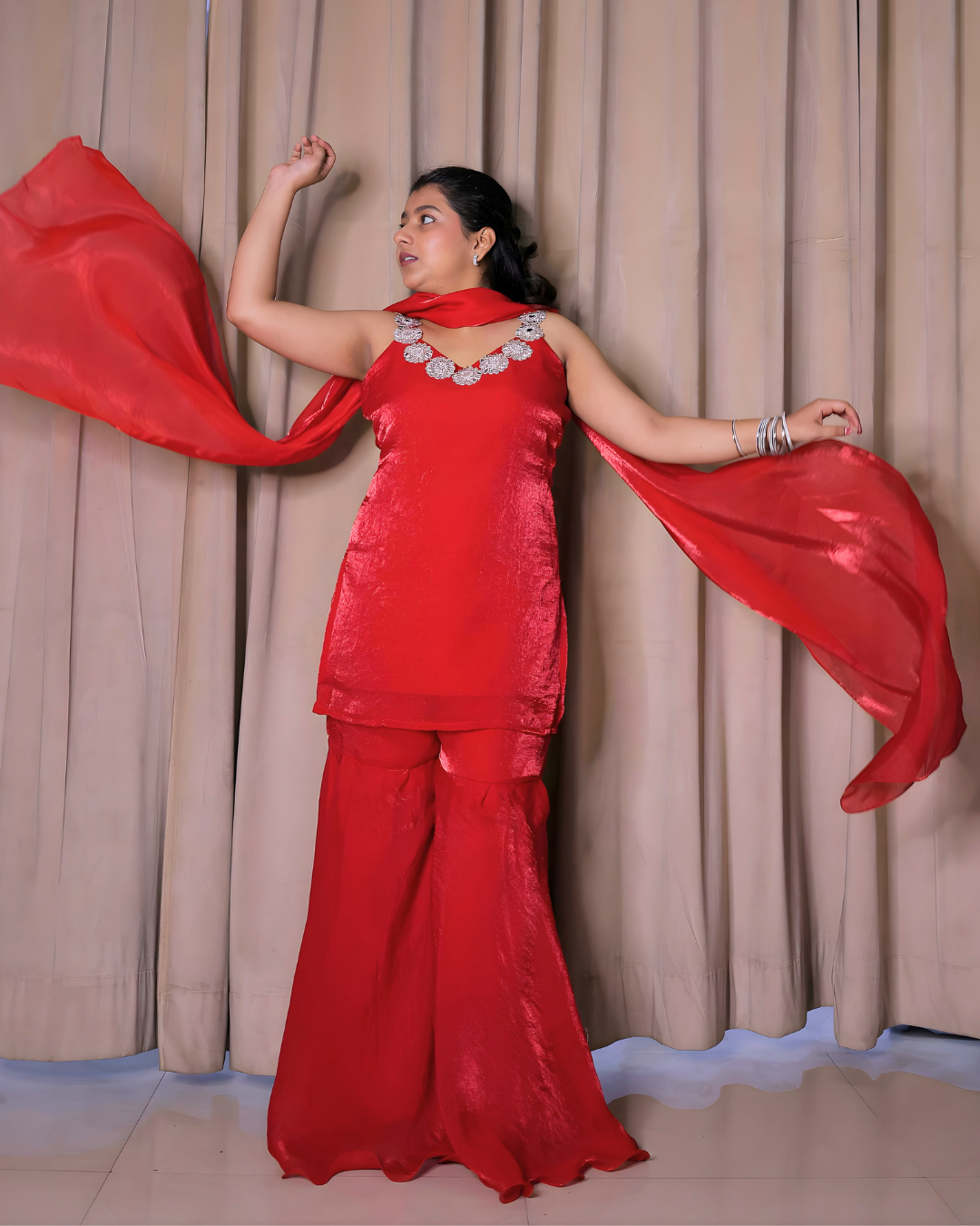 Cherry Red Mirror Lace Sharara Set