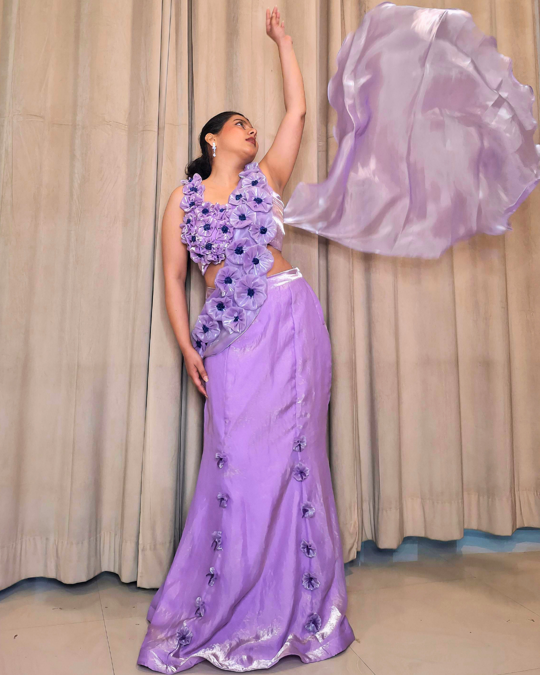 Lavender Floral Fendi Silk Lehenga Set