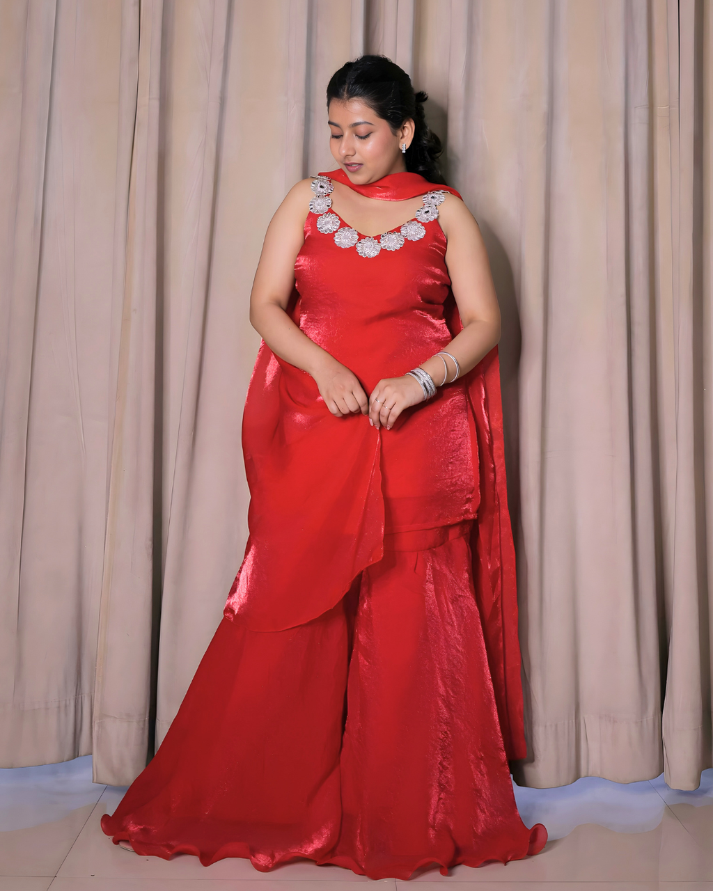 Cherry Red Mirror Lace Sharara Set
