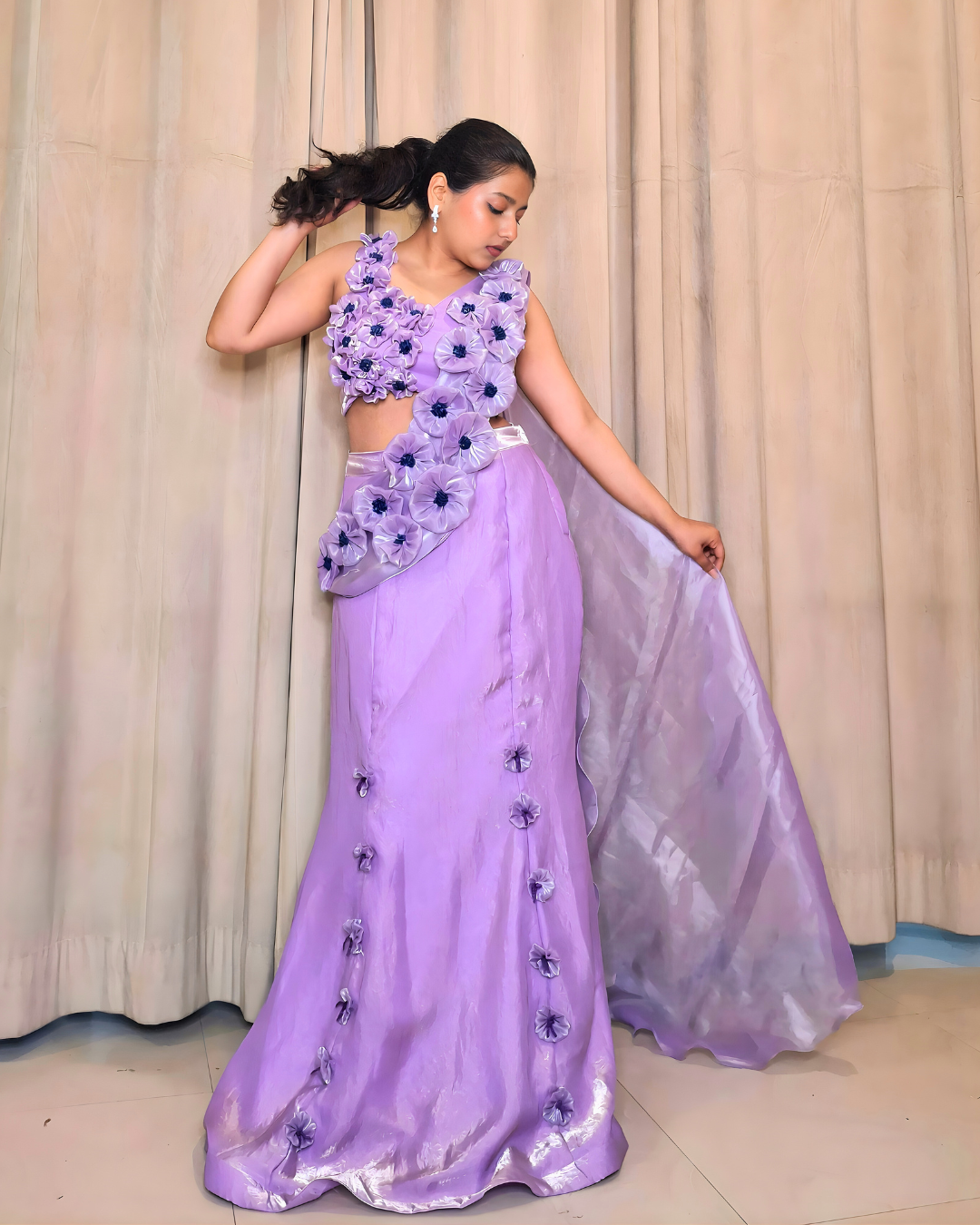 Lavender Floral Fendi Silk Lehenga Set