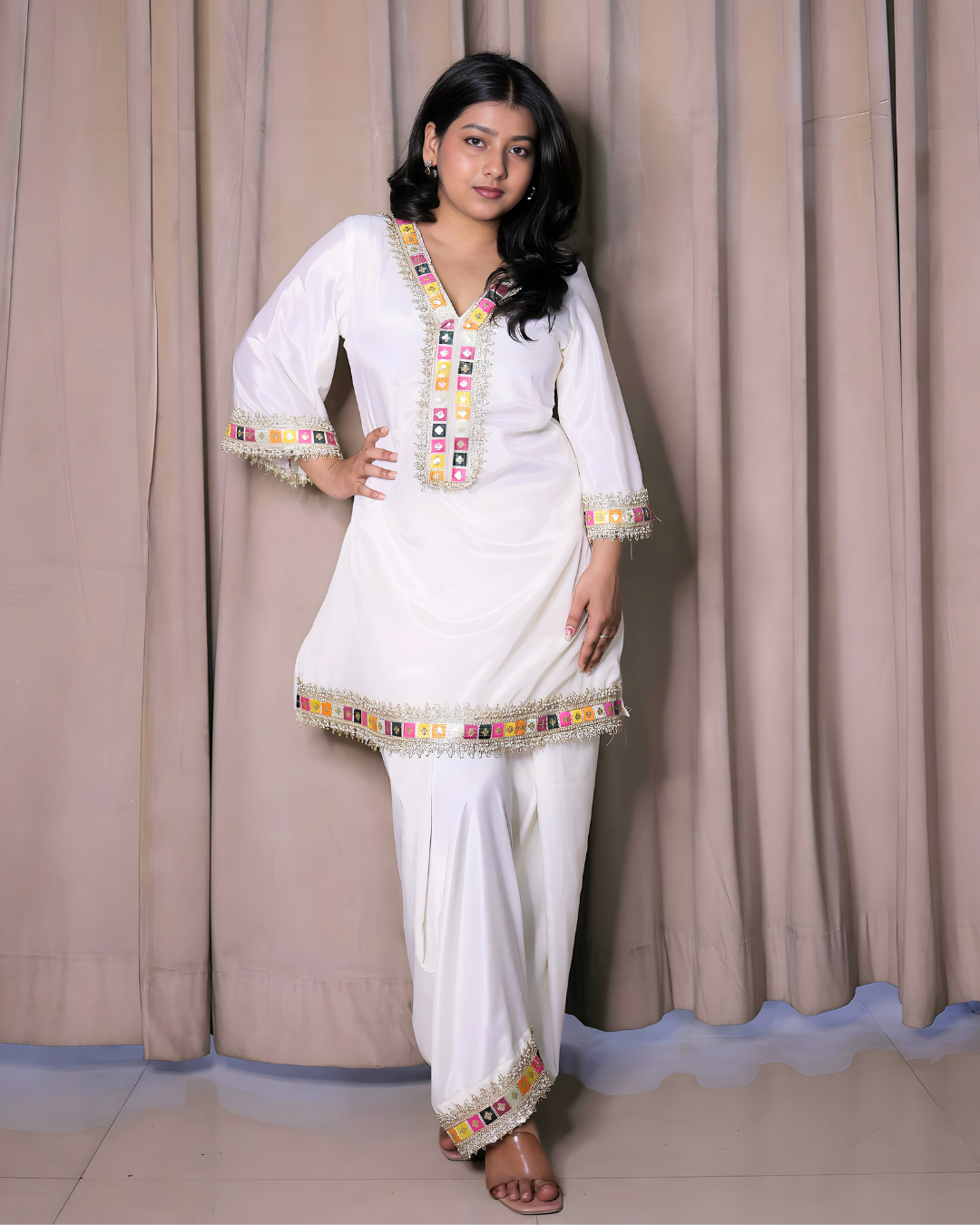 White Minimal Crepe Kurta Set