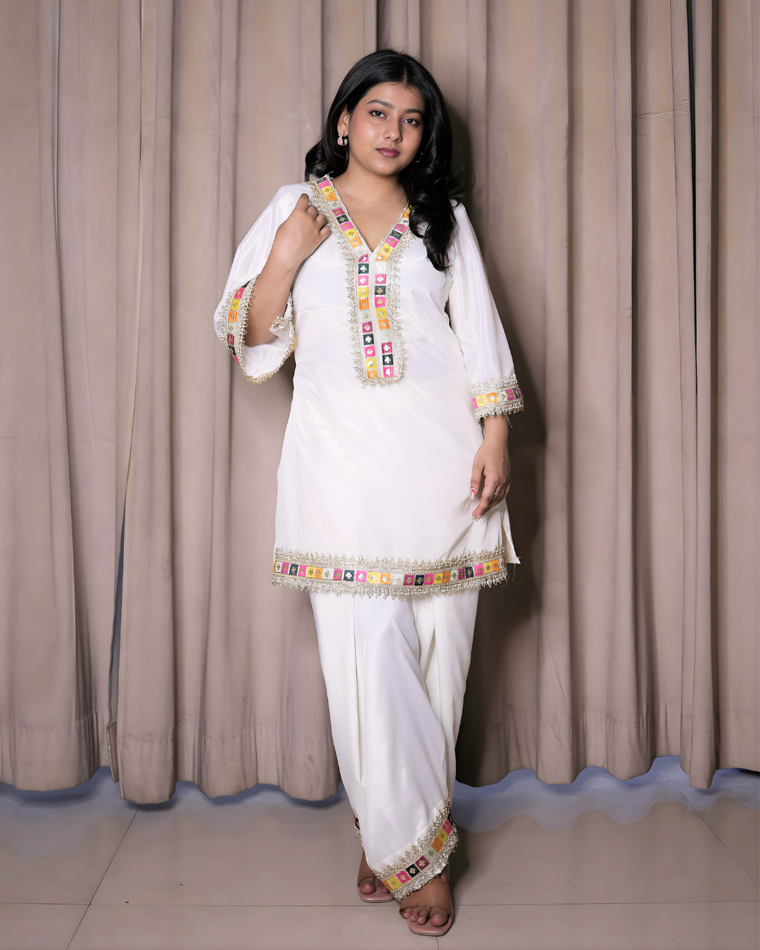 White Minimal Crepe Kurta Set