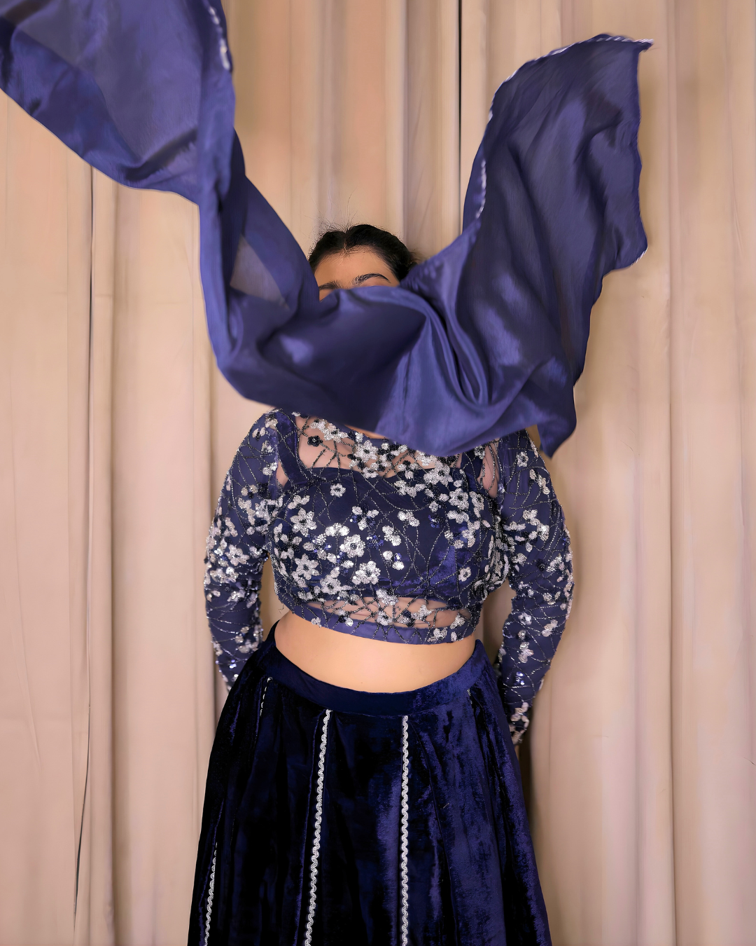 Royal Blue Velvet Embroidered Lehenga Set