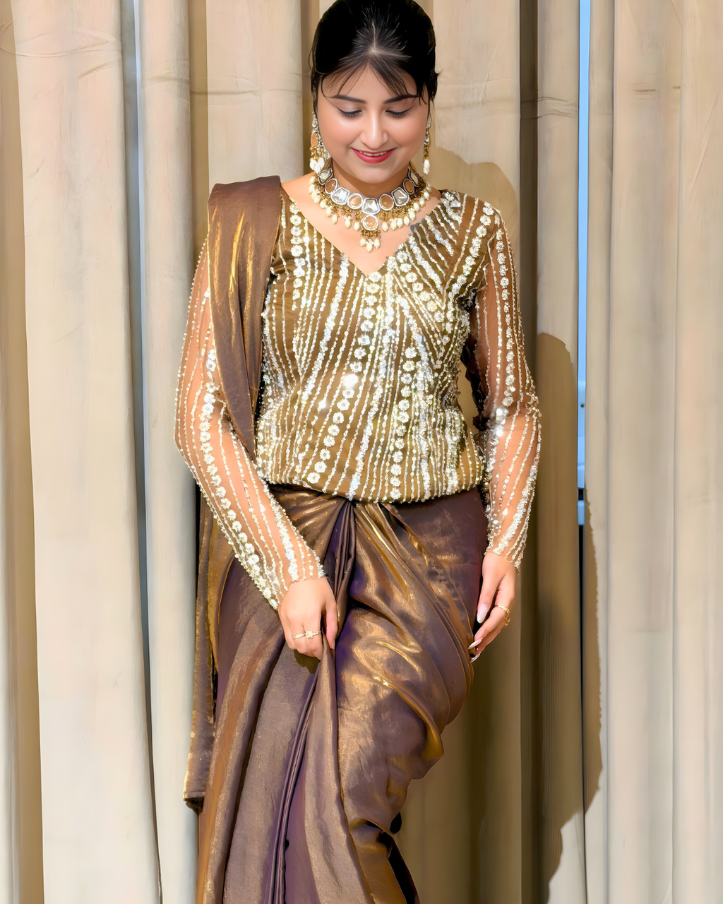 Metallic Gold Fendi Silk Drape Saree