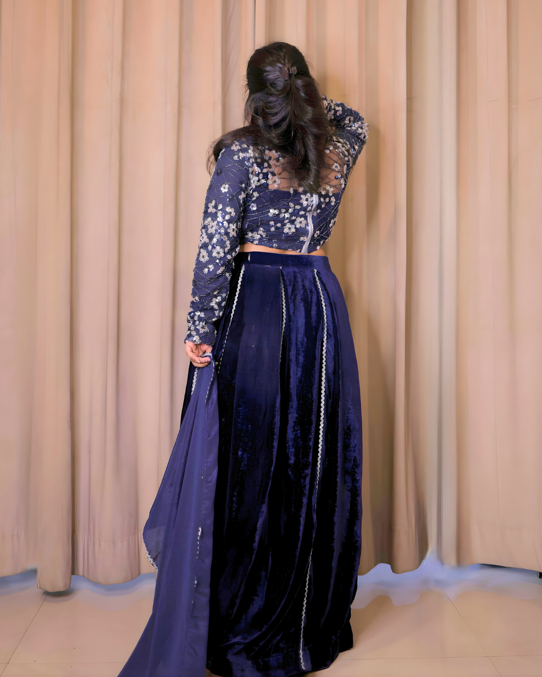Royal Blue Velvet Embroidered Lehenga Set