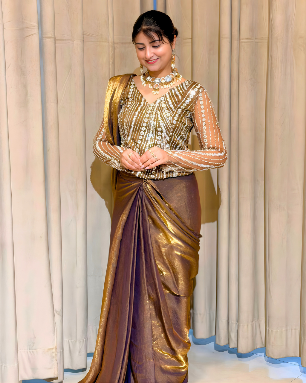 Metallic Gold Fendi Silk Drape Saree
