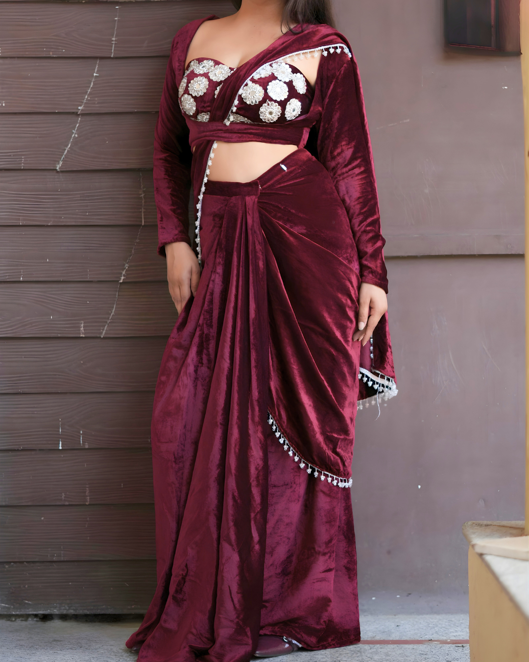 Wine Velvet Embellished Drape Saree