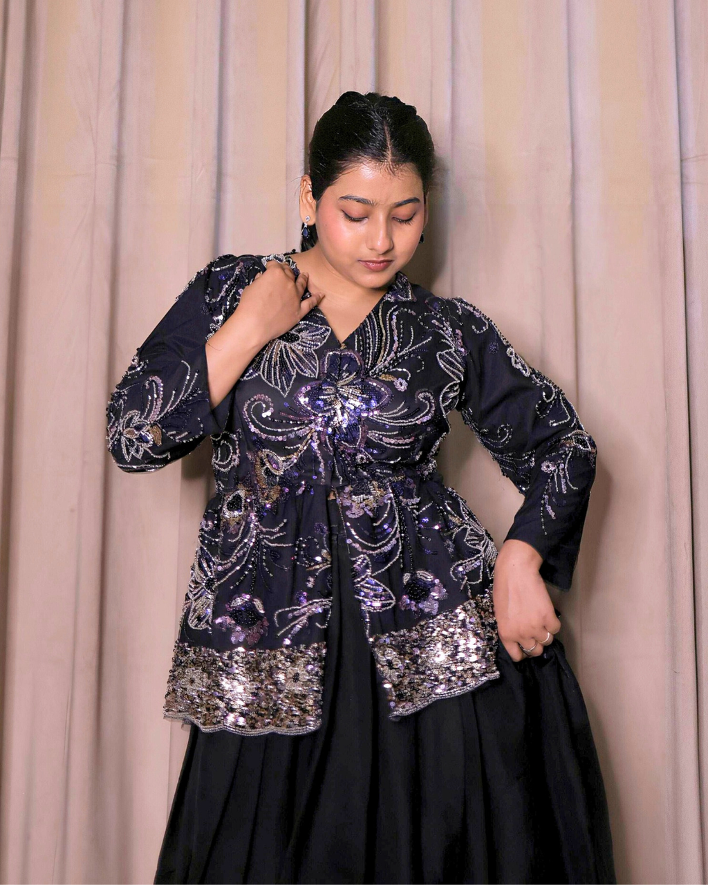 Black Indo-Western Peplum Lehenga Set
