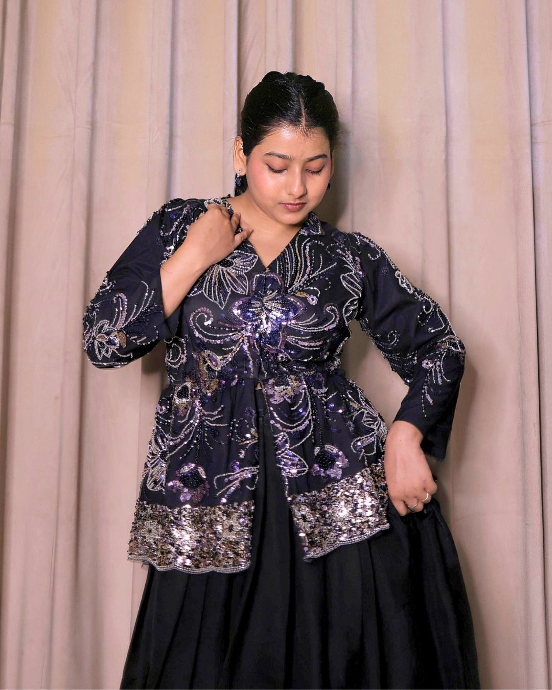 Black Indo-Western Peplum Lehenga Set