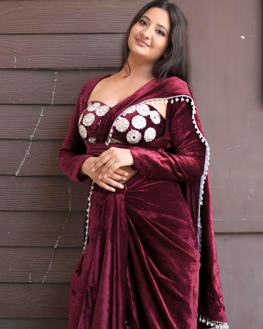 Wine Velvet Embellished Drape Saree