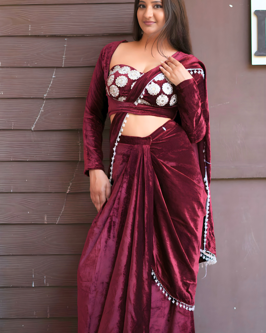 Wine Velvet Embellished Drape Saree